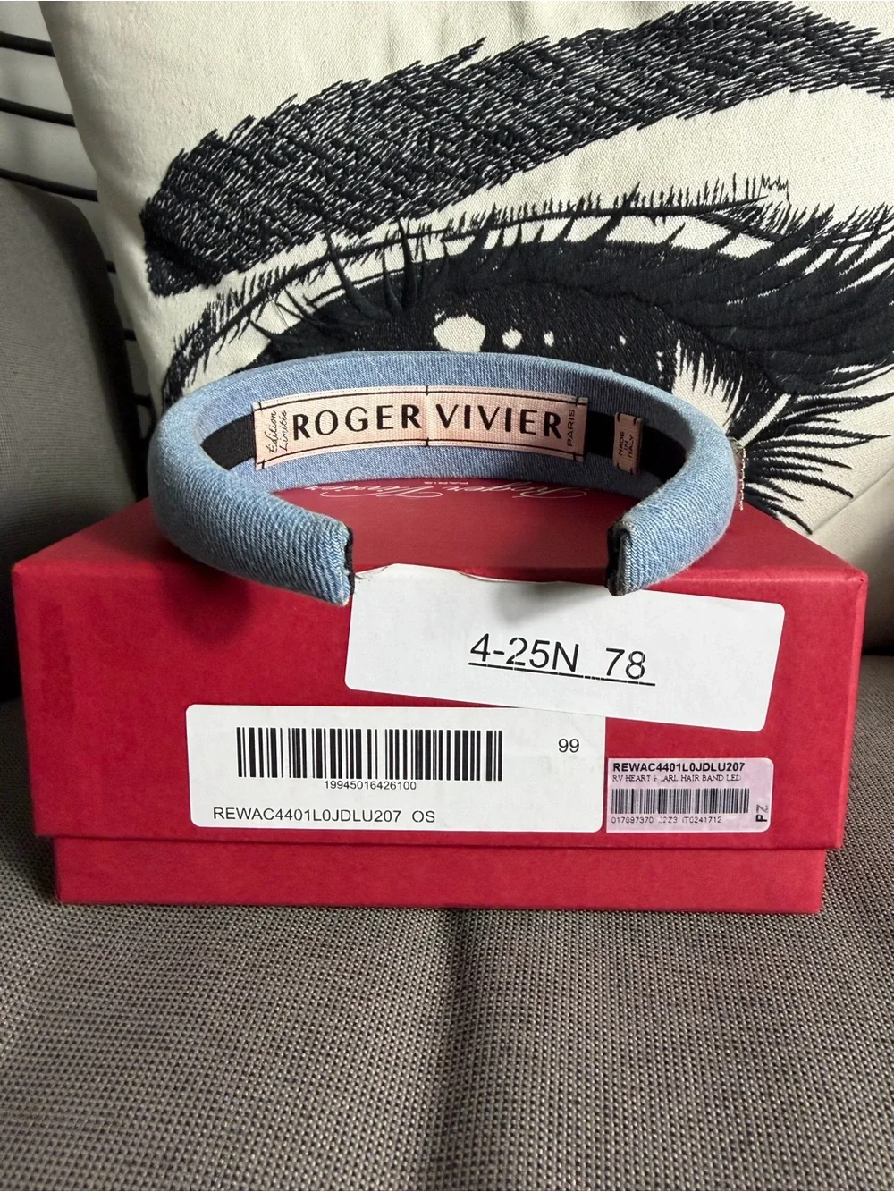 Roger Vivier Light Blue Padded Headband with Pearl and Crystal Heart